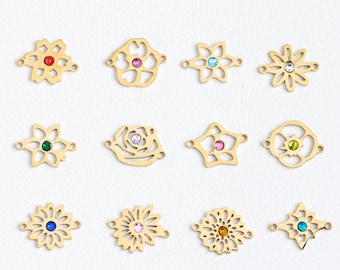 Birth Flower with Birthstone Connector Charm, Charm for Jewelry Making