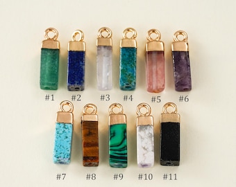 Natural Gemstone Charm, Gold Plated Rectangle Pendant, Jewelry Making