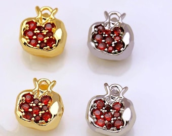 Mini Red Pomegranate Charm, Tiny Pomegranate Fruits Charm, Micro Pave Pomegranate Charm, CZ Pomegranate Charm, Fruit Charm for Jewelry