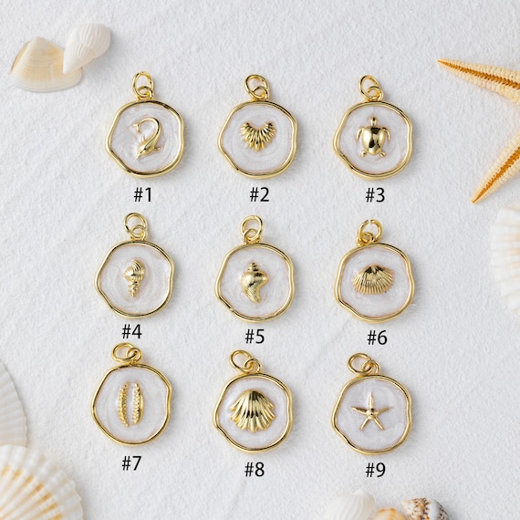 Gold Plated Ocean Charm, White Ocean Charm, Shell Dolphin Sea Life Charm, Enamel Ocean Beach Charm, Ocean Charm for Jewelry Making
