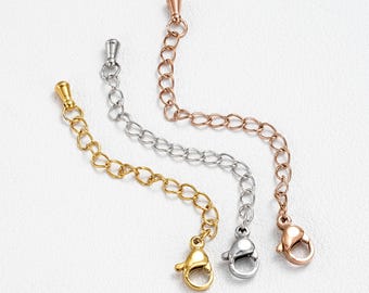 10 cadenas planas de acero inoxidable con cierre de langosta, cadena de extensión para collar y pulsera con anilla abierta, acabado a granel.