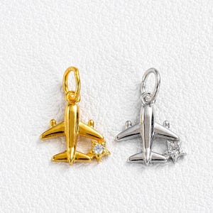 Peut inclure: Deux breloques en forme d'avion, une dorée et une argentée, chacune ornée d'un petit détail en forme d'étoile. Les breloques sont suspendues à une petite boucle, adaptées à la fabrication de bijoux ou comme pendentifs. Fond blanc uni.