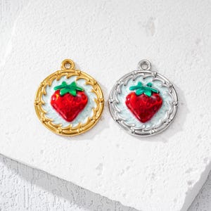 Round Strawberry Charm, Stainless Steel Strawberry Charm, Oil Painting Strawberry Charm, Fruit Charm, Enamel Strawberry Charm