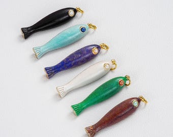 Enamel Fish Pendant, Copper Charm with Pearl Accent, Ocean Jewelry Making