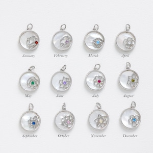 Birth Flower with Birthstone Charm, Round White Shellfish Charm, Flower Charm, Birth Month Charm, Diy Jewelry Making Supplies