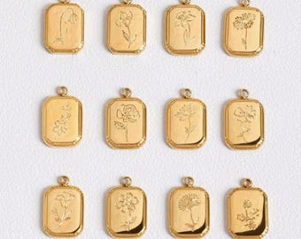 Gold Plated Birth Flower Charm, Engraved Flower Pendant, Stainless Steel Birth Month Charm, Jewelry Making