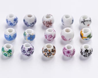 50PCS Round 8mm 10mm Beads, Flower Patterns Beads, Ceramic Porcelain Beads, Loose Beads, Bulk Beads, Ceramic Flower Beads, Jewelry Supplies