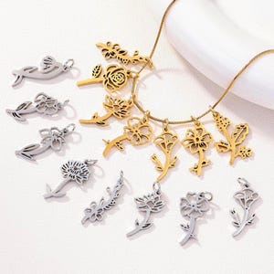 Birth Flower Charm, Gold Plated Birth Flower Charm, Personalized Pendant, Flower Charm, Flower Shape Charm, Birth Month Flower Charm