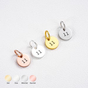 Pode incluir: Quatro pingentes redondos de metal em ouro, prata, ouro branco e ouro rosa. Cada pingente tem o número "11" impresso em preto. Os pingentes são projetados com um pequeno laço para prender a um colar ou pulseira.
