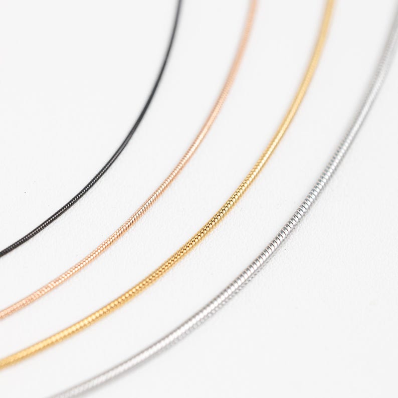 May include: Four different chain necklaces in black, rose gold, gold, and silver. The chains are all the same style, a thin, delicate snake chain.