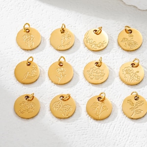 13mm Birth Flower Charms, Gold Plated Birth Flower Round Charm, Stainless Steel Flower Tag Charm, Birthday Gift, Handmade Gift Materials