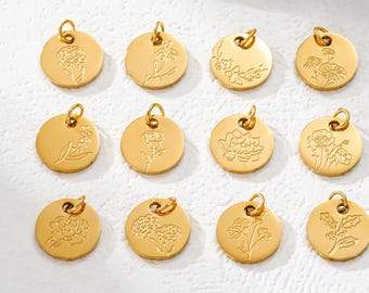 13mm Birth Flower Charms, Stainless Steel Flower Tag Charm, DIY Birthday Gift