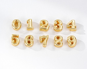 Gold Plated Number Beads, Puffy Number Beads, 0-9 Number Beads, Double-Hole Number Beads,  Initial Beads, Beads for Jewelry Making