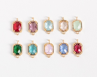 Gold Plated Glass Connector Charm, Sqare CZ Clear Stone Pendant, Gold Tone Square Connector Charms For Jewelry Making Supplies