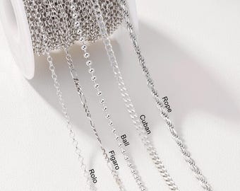 925 Sterling Silver Cuban Chain, Silver Rope Chain, Figaro Chain, Round Rolo Chain, Ball Chain, Classic Curb Chain, Bulk Jewelry Chain