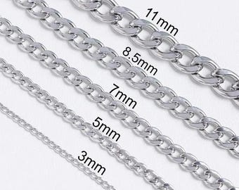 Bulk Stainless Steel Cuban Chain, Curb Necklace Chain, 3mm 5mm 7mm 9mm 10mm Curb Chain, Bulk Stainless Steel Chain for Jewelry Making
