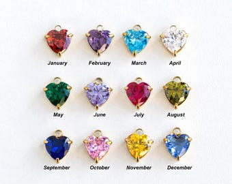 Gold Plated Heart Birthstone Charm, Heart Birth Month Stone Pendant, Personalized Jewelry Charm