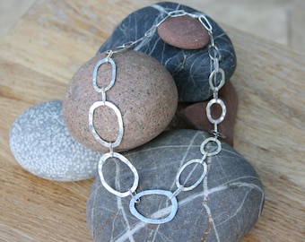Contemporary Hammered Oval Linked Silver Necklace, Hallmarked