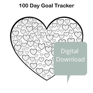 Op de afbeelding: Een zwart-witte printbare 100-daagse doeltracker in de vorm van een hart. Het hart is gevuld met kleine hartjes. De tekst "Digitale download" staat in een spreekballon.