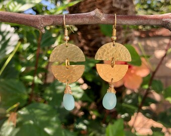 Gold Brass Handmade Hammered Textured Dangle Drop Amazonite Earrings