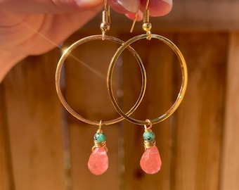 Gold Hoop Cherry Quartz Drop Simple Elegant Dangle Handmade Cute Earrings