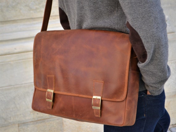brown leather messenger bag