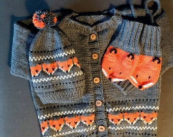 Baby cardigan, hat and mittens, winter hat