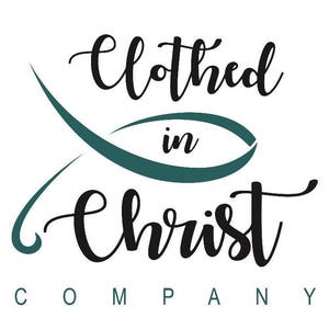 May include: Black and white logo with the text "Clothed in Christ Company" with a teal fish symbol.