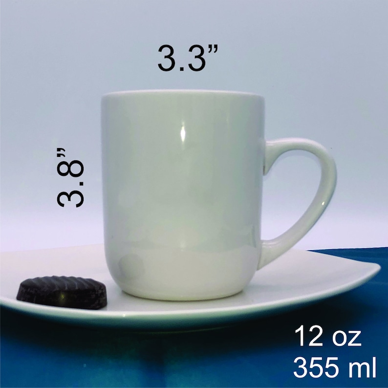 May include: White ceramic mug with a handle, measuring 3.3 inches in height and 3.8 inches in width. The mug is sitting on a white saucer. The mug is 12 ounces or 355 milliliters.