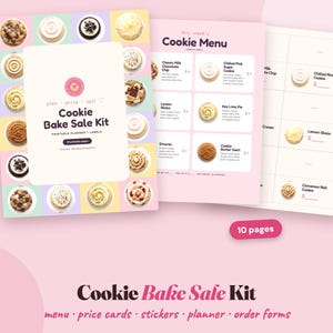 Pode incluir: Um kit imprimível para venda de biscoitos com planejador e etiquetas, incluindo menu, cartões de preço e formulários de pedido. A capa exibe várias imagens de biscoitos com o texto Cookie Bake Sale Kit, plan, price, sell, 25 printable pages.