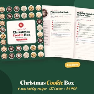 May include: A digital recipe book titled Christmas Cookie Box featuring a dark green cover with a border of various cookie illustrations. Two interior pages show recipes for Peppermint Bark and Holiday Sprinkle Sugar Cookie with instructions.