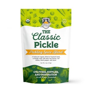 May include: A white pouch with green and yellow accents, labeled "The Classic Pickle Pickling Spice Blend." The packaging includes text about the organic blend of spices and the net weight of 4 oz (113g).