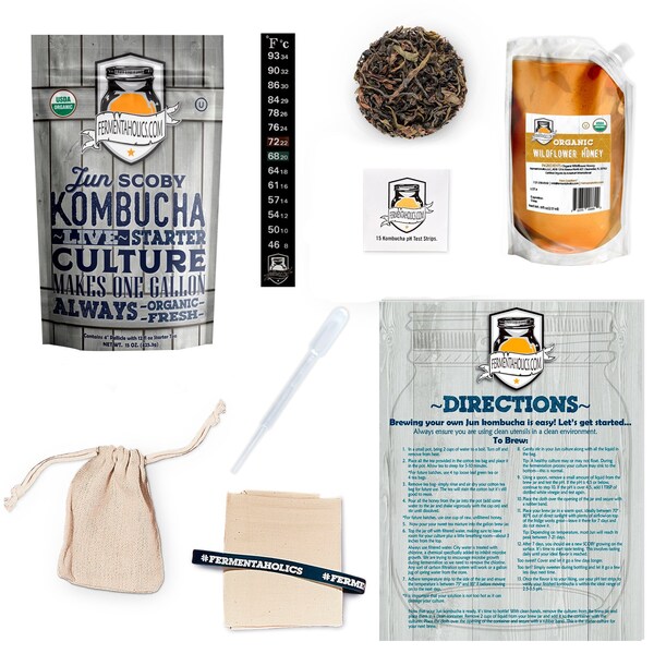 Jun Kombucha Ingredient Kit - Includes SCOBY, Green Tea, Honey - DIY Jun