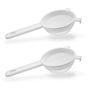 May include: Two white plastic sieves with long handles are displayed against a white background. Each sieve has a round bowl with a fine mesh and a handle for easy use. The sieves are designed for straining liquids or sifting dry ingredients.