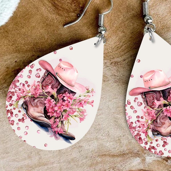 Pink Western Boots Teardrop Earring, Sublimation Design Teardrop Earring Template PNG, Digital Download, Earring Blanks  #ESD