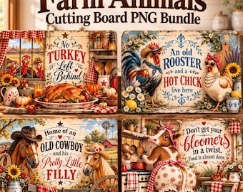 Farm Animals Cutting Board PNG Bundle, 4 Farmhouse Sublimation Designs, Rooster Chicken Cow Horse PNG, Digital Download