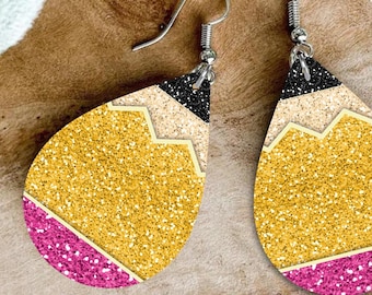Glitter Pencil Teacher Earrings PNG: Teardrop Sublimation Design (Digital Download)