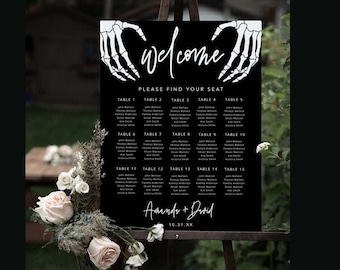 Gotische bruiloft zitplaatsen grafiek sjabloon, bewerkbare Halloween zitplaatsen plan teken, skelet handen teken, Halloween poster, bewerkbaar, DIY