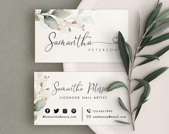 May include: A business card with a watercolor design of green leaves and gold accents. The text on the card reads "Samantha Peterson, Licensed Nail Artist" with contact information and social media icons.
