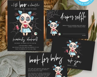 Conjunto de invitación de baby shower de Halloween, lindo paquete de invitación de niña Woodoo, baby shower de Little Boo, descarga imprimible editable