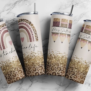 20 oz Skinny Tumbler Pink Rainbow Leopard Glitter Teacher Tumbler Pencil Monogram Teacher Life Sublimation Design PNG Instant Download #STD