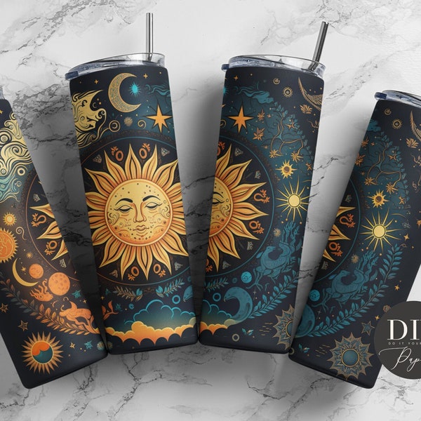 Sun And Moon Skinny Tumbler 20oz PNG, Celestial Boho Sun Moon Ying Yang Zodiac Style  (plus 9 FREE Designs Included!) #STD