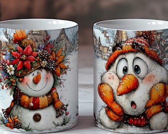 Christmas Snowman Mug Sublimation Design, Cute Snowmans PNG, Christmas Mug Wrap for Hot Cocoa and Coffee, Cozy Winter Holiday
