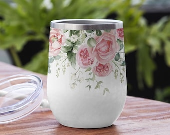 Pink Roses Wine Tumbler Sublimation Design (Digital File)