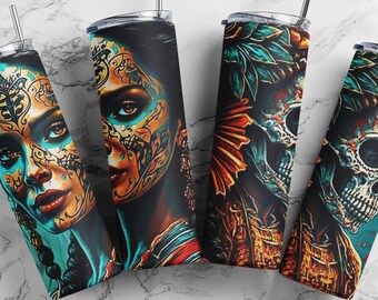 Chola Tumbler 20oz Design Wrap, Day of the Dead Mexican Sublimation Png, Catrina, Skeleton Digital Design, PNG Straight #STD