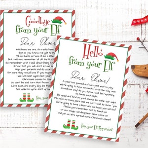 Cartas de elfo editables, "He vuelto", "Hola de tu elfo", "Adiós de tu elfo", "Cartas de llegada" y "Cartas de despedida", "Descarga instantánea", "Editables"