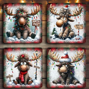 Projekt kwadratowej podstawki świątecznej, zestaw z reniferem Rudolfem w formacie PNG, urocze wzory sublimacji kwadratowych podstawek świątecznych w formacie PNG, plik cyfrowy #SCW