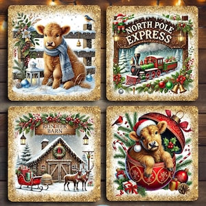 Kwadratowy wzór podstawki na Boże Narodzenie, zestaw 4 podstawek na zimowe święta, urocze kwadratowe wzory podstawek na Boże Narodzenie z sublimacją, plik cyfrowy PNG #SCW