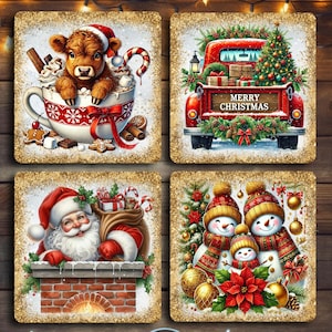 Zestaw świątecznych kwadratowych podstawek z sublimacją PNG, złoty brokatowy wzór