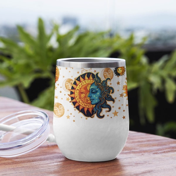 12oz Wine Tumbler Sublimation Design, Celestial Sun and Moon Wine Wrap, Wine Cup Template, Sublimation Designs Png, Digital Download, WTW